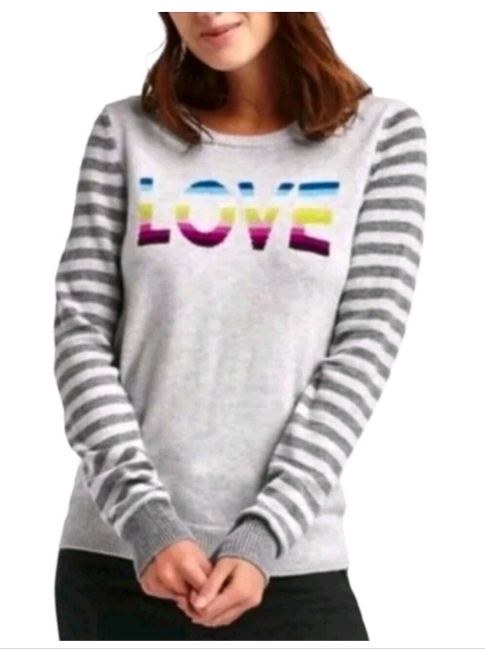 GAP Intarsia Love Ribbed Sweater Wool Blend Knit Striped Gray White Rainbow S